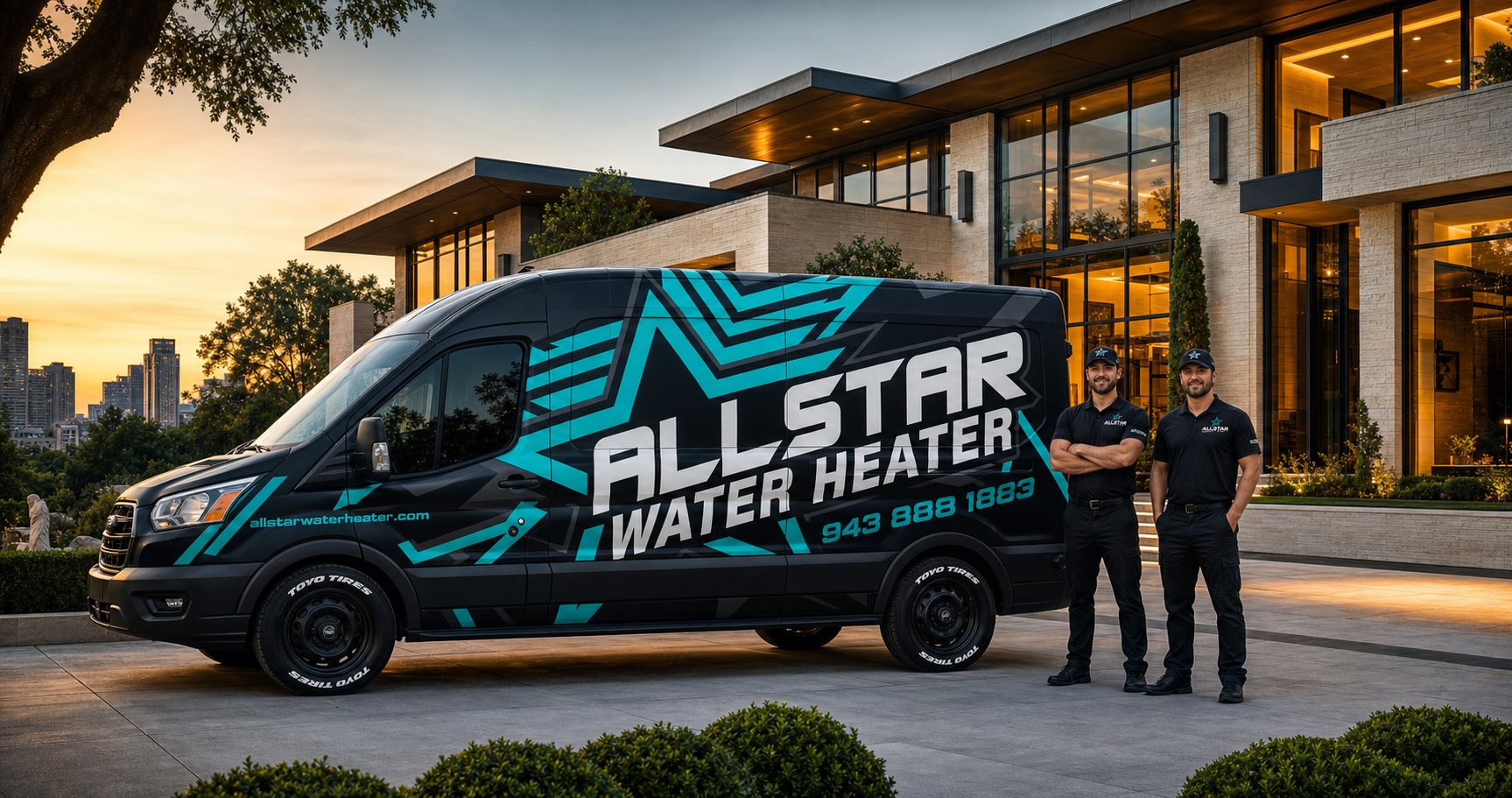 Allstar Water Heater branded van and technicians at a luxury custom home in metro Atlanta